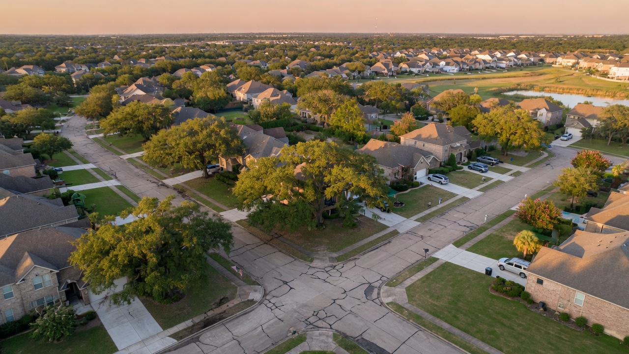 Greater Houston neighborhood with oaks and sidewalks